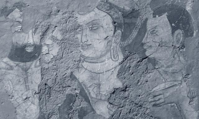 Buddha with two disciples in pigments on mud plaster from Metropolitan Museum of Art, New York